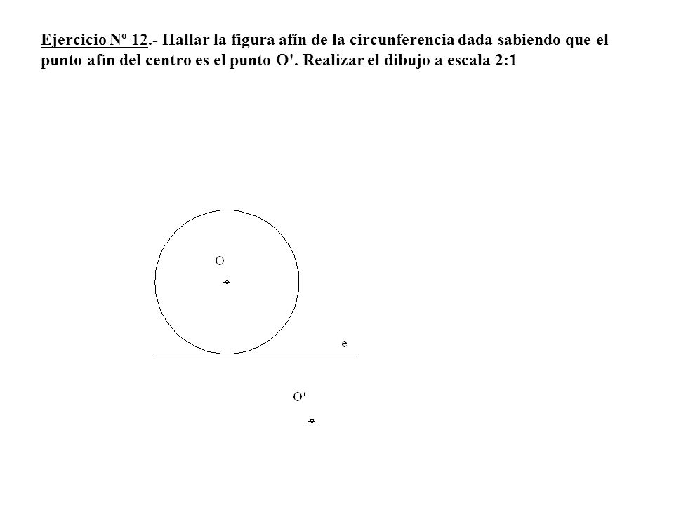 Ejercicio Nº 12.- Hallar la figura afín de la circunferencia dada sabiendo que el punto afín del centro es el punto O .