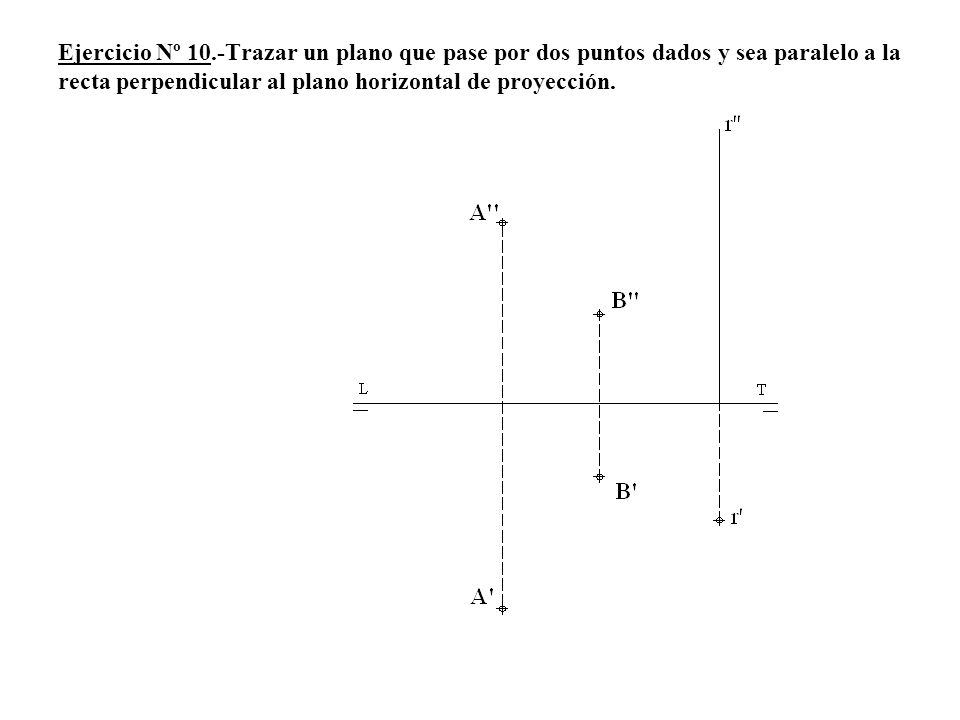 Ejercicio Nº 10.-Trazar un plano que pase por dos puntos dados y sea paralelo a la recta perpendicular al plano horizontal de proyección.