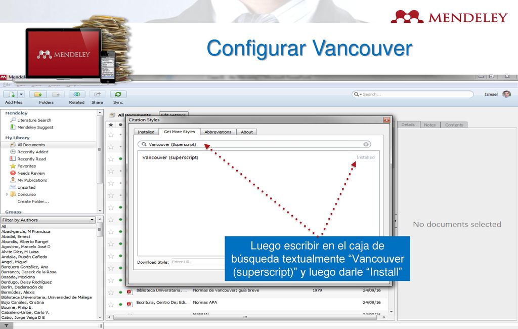 Configurar Vancouver Luego escribir en el caja de búsqueda textualmente Vancouver (superscript) y luego darle Install