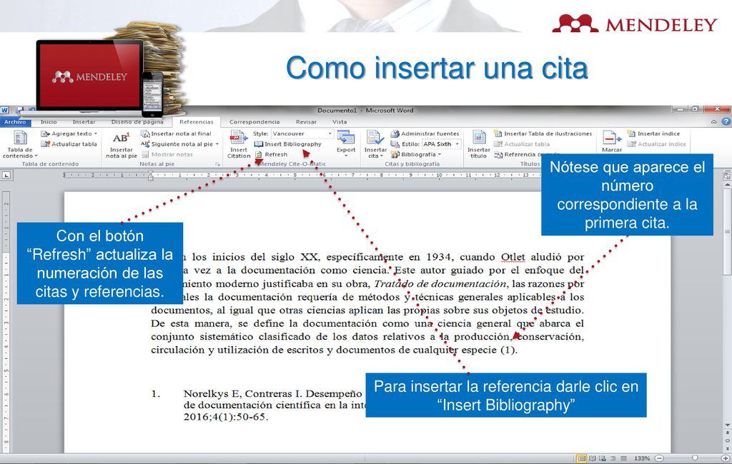 Como insertar una cita Nótese que aparece el número correspondiente a la primera cita.