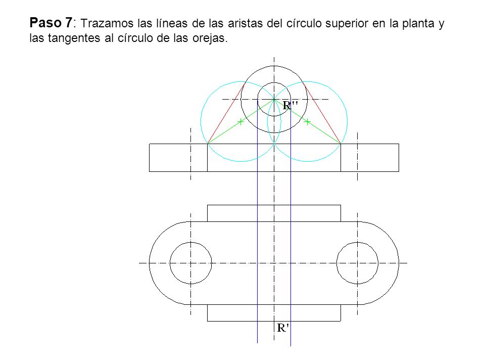 Paso 7: Trazamos las líneas de las aristas del círculo superior en la planta y las tangentes al círculo de las orejas.