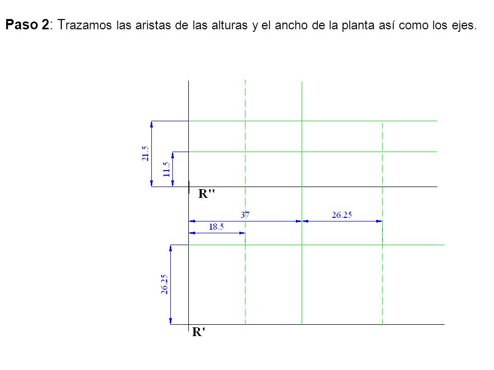 Paso 2: Trazamos las aristas de las alturas y el ancho de la planta así como los ejes.