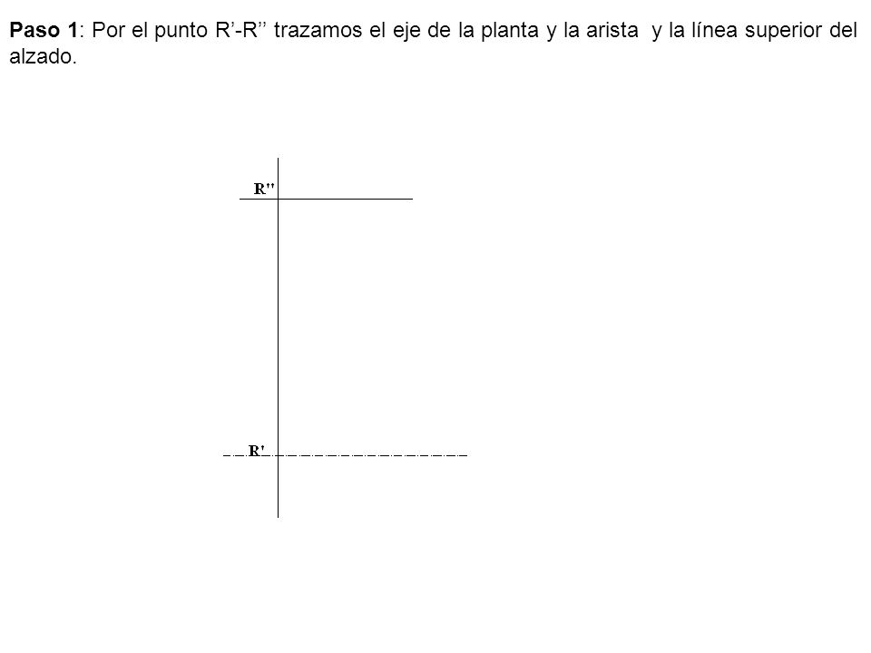 Paso 1: Por el punto R’-R’’ trazamos el eje de la planta y la arista y la línea superior del alzado.