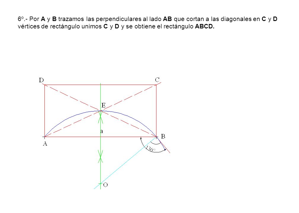 6º.- Por A y B trazamos las perpendiculares al lado AB que cortan a las diagonales en C y D vértices de rectángulo unimos C y D y se obtiene el rectángulo ABCD.