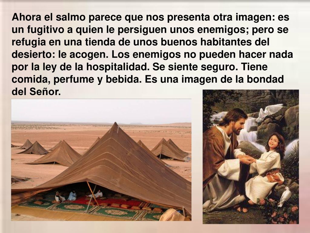 Ahora el salmo parece que nos presenta otra imagen: es un fugitivo a quien le persiguen unos enemigos; pero se refugia en una tienda de unos buenos habitantes del desierto: le acogen.