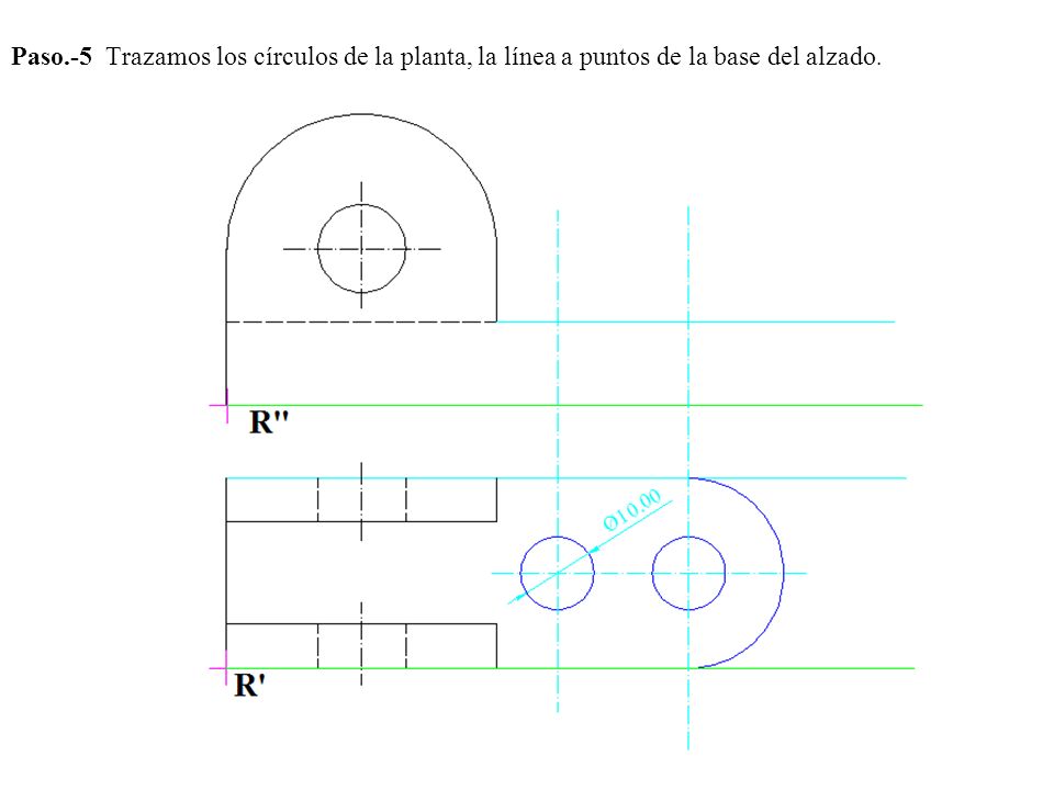 Paso.-5 Trazamos los círculos de la planta, la línea a puntos de la base del alzado.