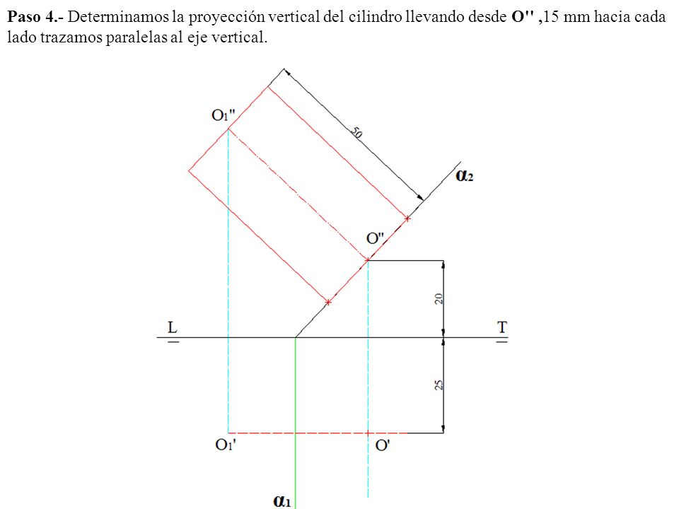 Paso 4.- Determinamos la proyección vertical del cilindro llevando desde O ,15 mm hacia cada lado trazamos paralelas al eje vertical.