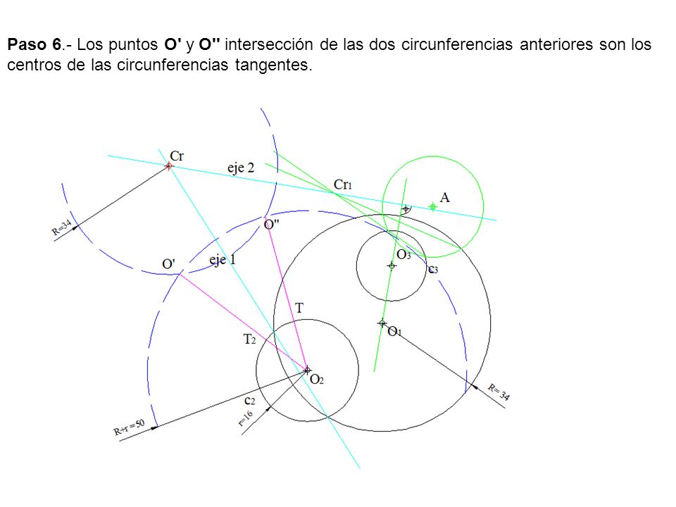 Paso 6.- Los puntos O y O intersección de las dos circunferencias anteriores son los centros de las circunferencias tangentes.