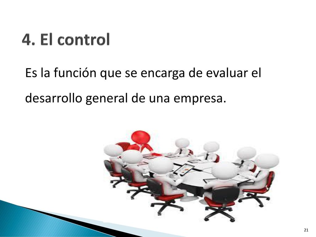 4. El control Es la función que se encarga de evaluar el desarrollo general de una empresa.