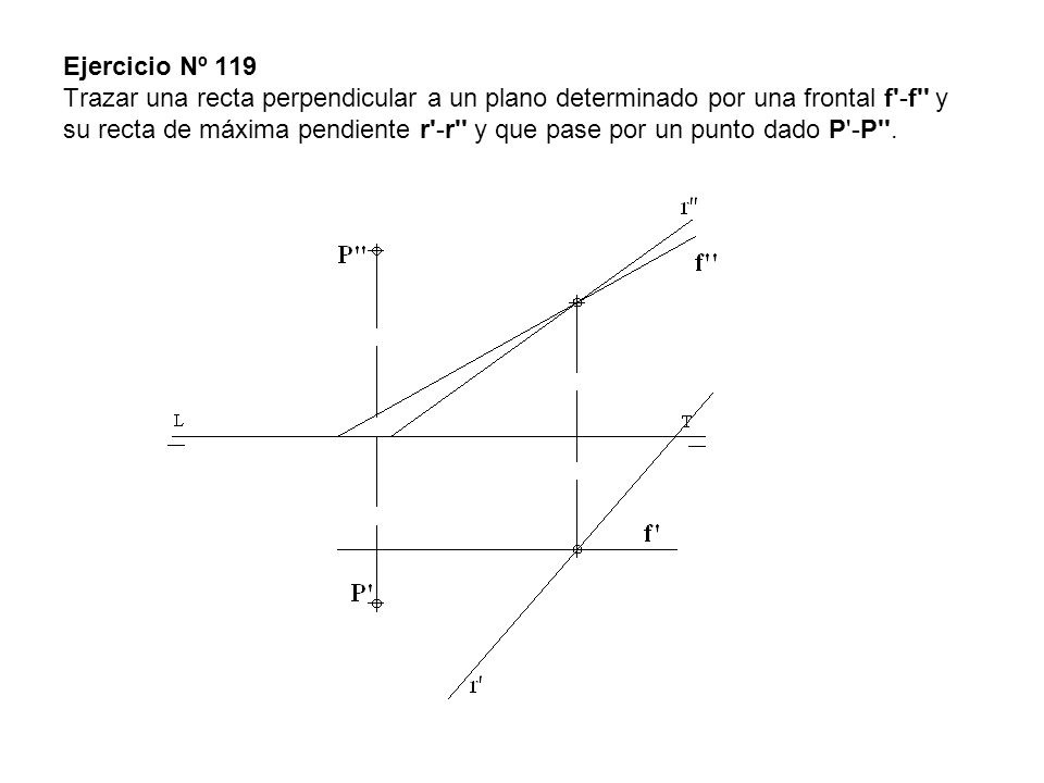 Ejercicio Nº 119 Trazar una recta perpendicular a un plano determinado por una frontal f -f y su recta de máxima pendiente r -r y que pase por un punto dado P -P .