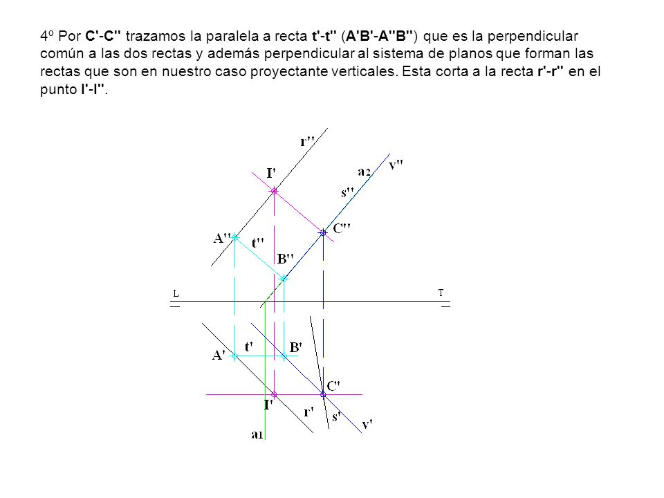 4º Por C -C trazamos la paralela a recta t -t (A B -A B ) que es la perpendicular común a las dos rectas y además perpendicular al sistema de planos que forman las rectas que son en nuestro caso proyectante verticales.