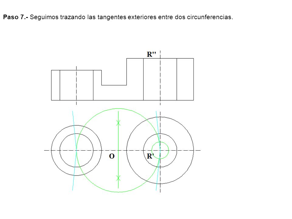 Paso 7.- Seguimos trazando las tangentes exteriores entre dos circunferencias.