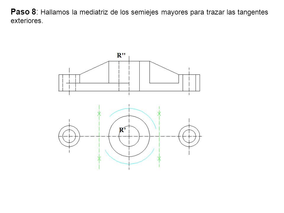 Paso 8: Hallamos la mediatriz de los semiejes mayores para trazar las tangentes exteriores.