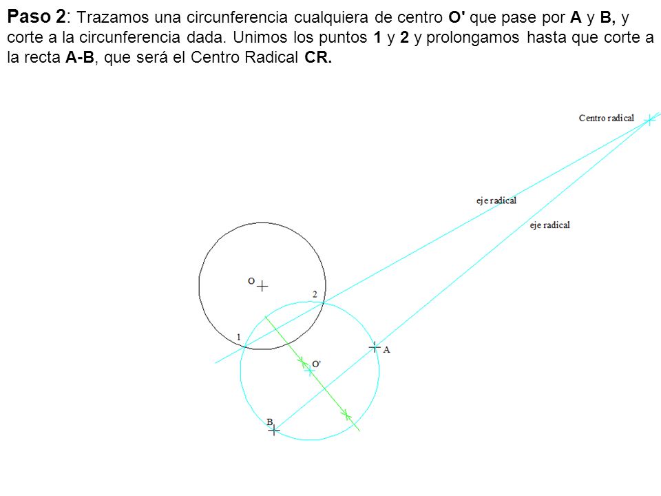 Paso 2: Trazamos una circunferencia cualquiera de centro O que pase por A y B, y corte a la circunferencia dada.