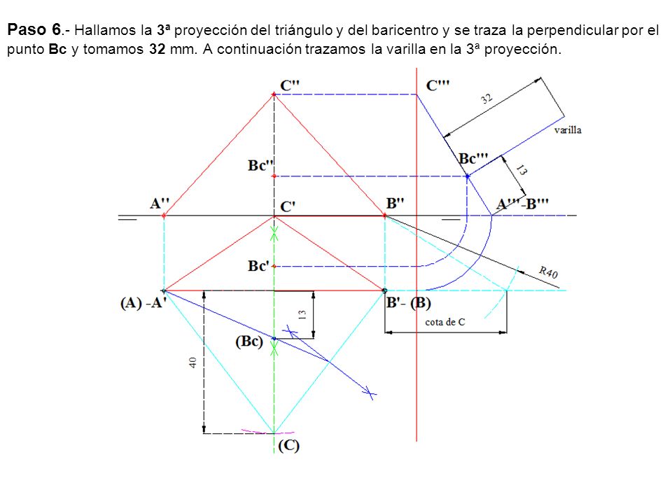 Paso 6.- Hallamos la 3ª proyección del triángulo y del baricentro y se traza la perpendicular por el punto Bc y tomamos 32 mm.