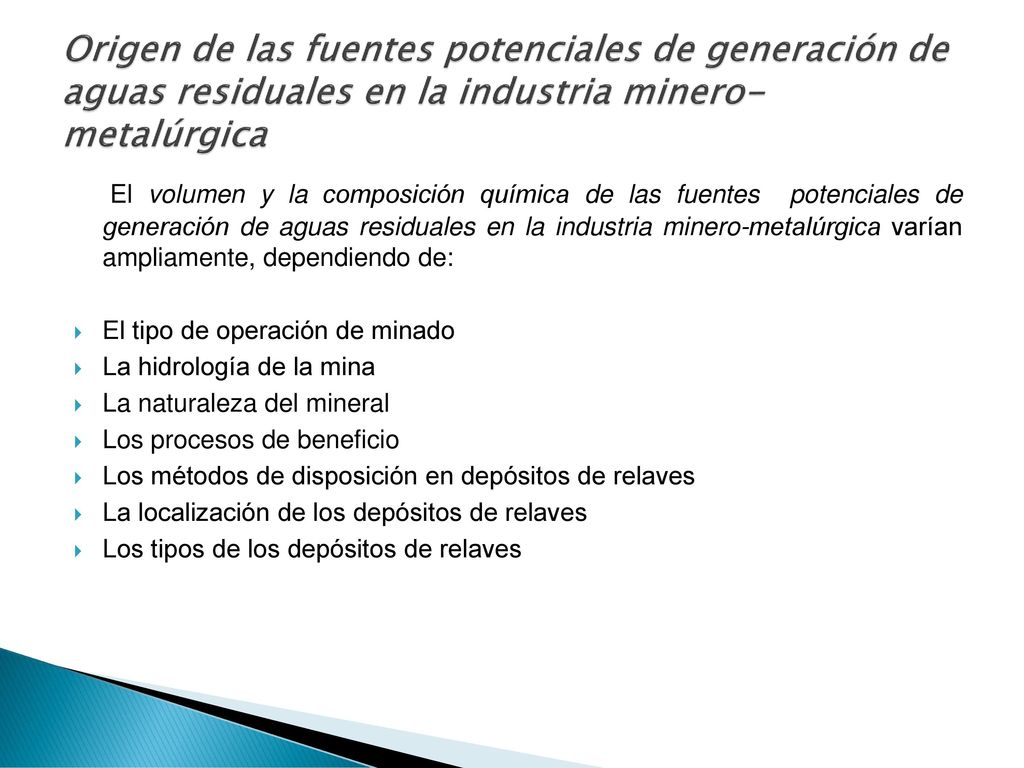 Origen de las fuentes potenciales de generación de aguas residuales en la industria minero-metalúrgica