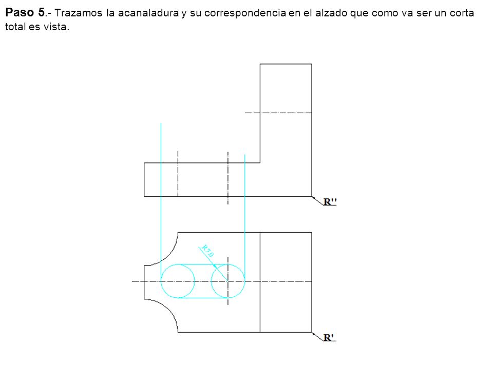 Paso 5.- Trazamos la acanaladura y su correspondencia en el alzado que como va ser un corta total es vista.