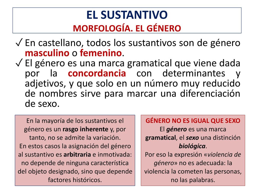 MORFOLOGÍA. EL GÉNERO En castellano, todos los sustantivos son de género masculino o femenino.