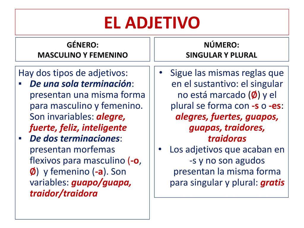 EL ADJETIVO Hay dos tipos de adjetivos: