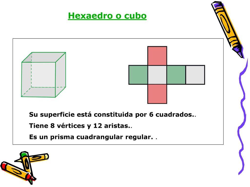 Hexaedro o cubo Su superficie está constituida por 6 cuadrados..