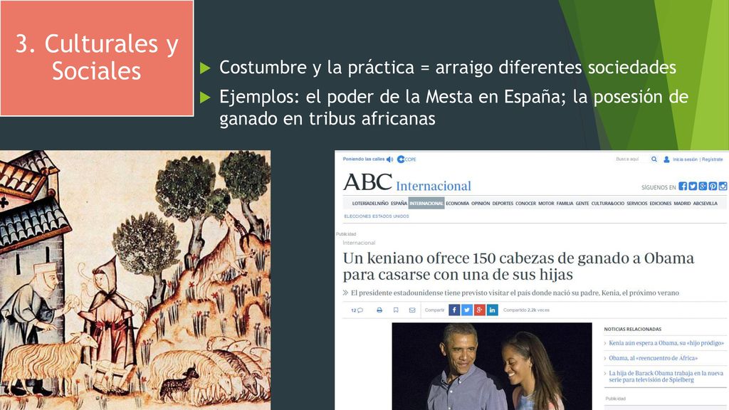 3. Culturales y Sociales Costumbre y la práctica = arraigo diferentes sociedades.