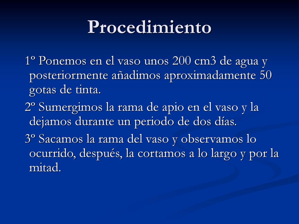 Procedimiento 1º Ponemos en el vaso unos 200 cm3 de agua y posteriormente añadimos aproximadamente 50 gotas de tinta.