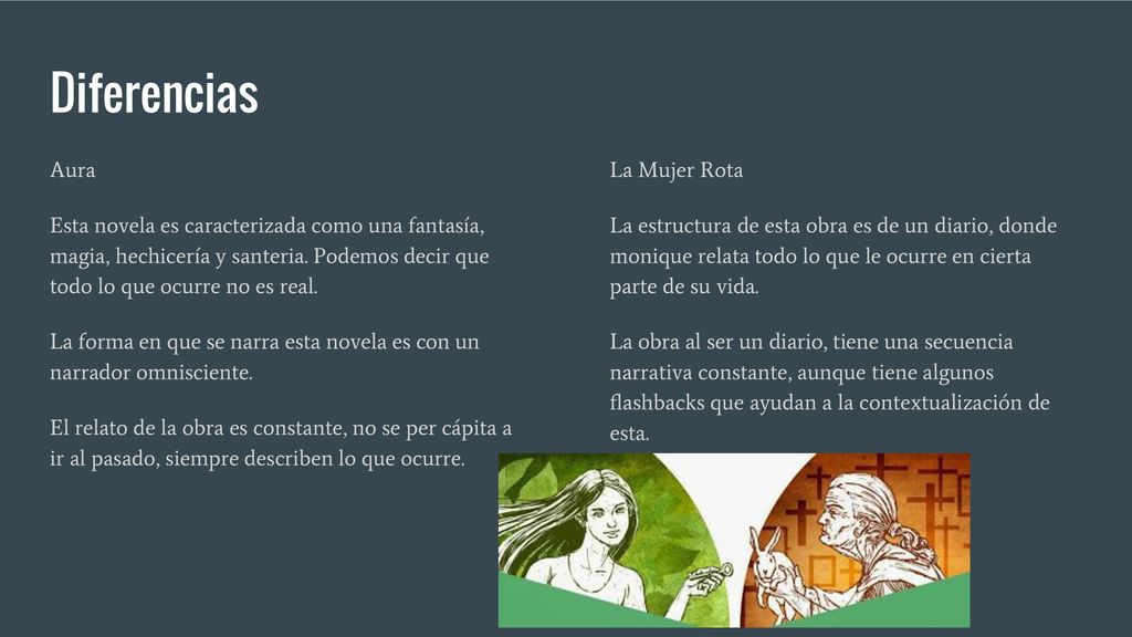 Diferencias Aura. Esta novela es caracterizada como una fantasía, magia, hechicería y santeria. Podemos decir que todo lo que ocurre no es real.