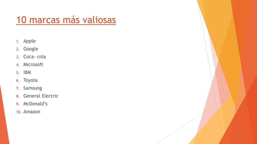 10 marcas más valiosas Apple Google Coca- cola Microsoft IBM Toyota
