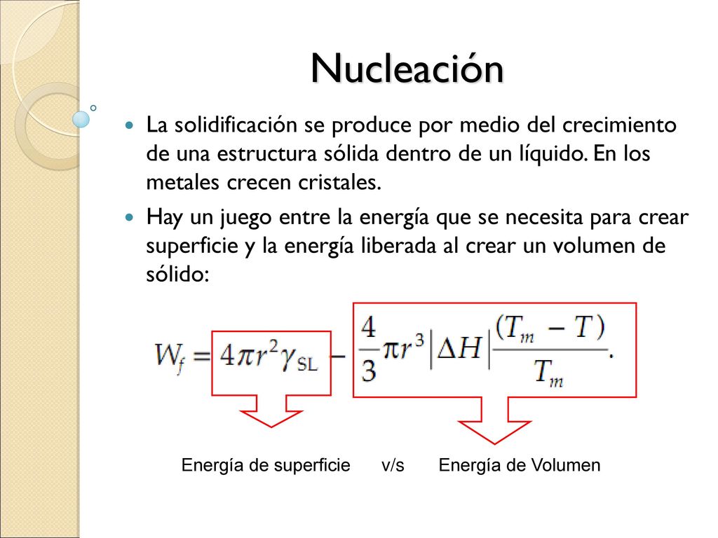 Nucleación La solidificación se produce por medio del crecimiento de una estructura sólida dentro de un líquido. En los metales crecen cristales.