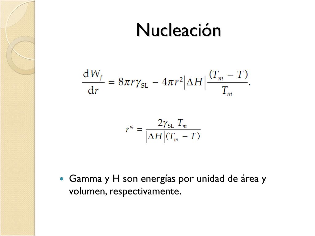 Nucleación Gamma y H son energías por unidad de área y volumen, respectivamente.