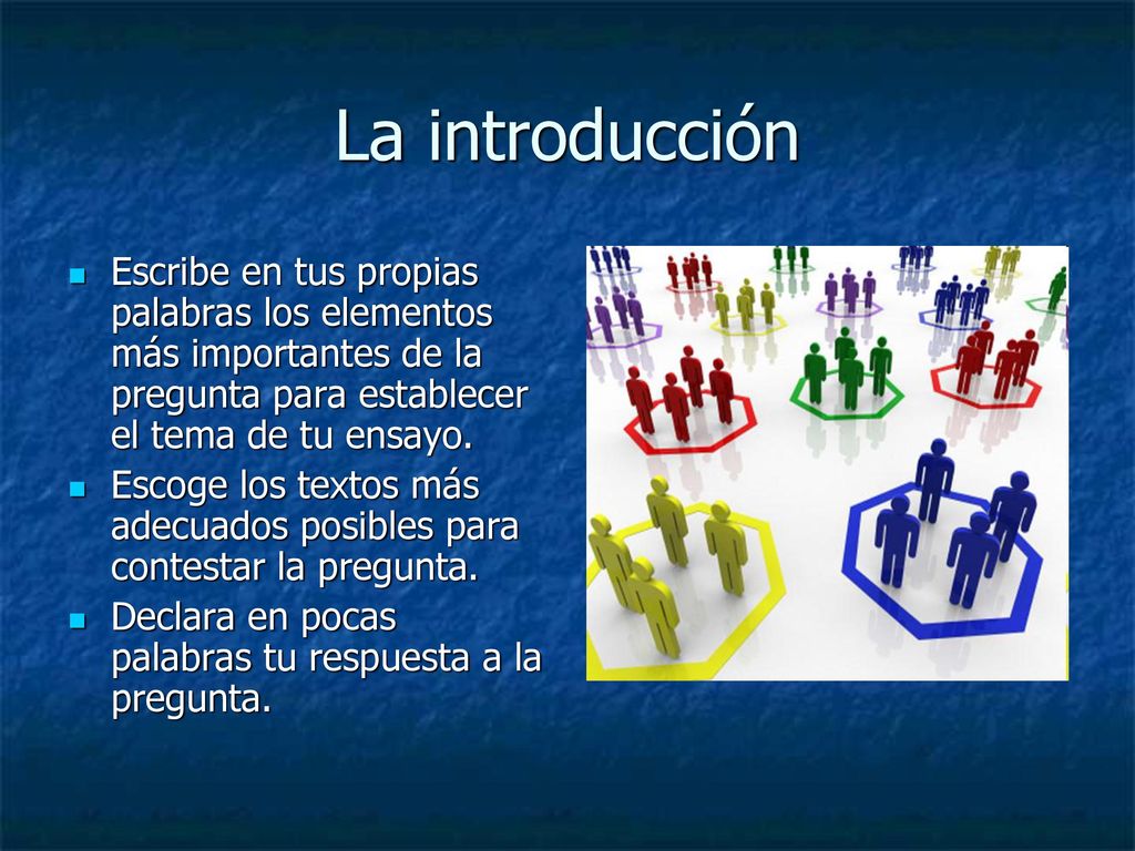 La introducción Escribe en tus propias palabras los elementos más importantes de la pregunta para establecer el tema de tu ensayo.
