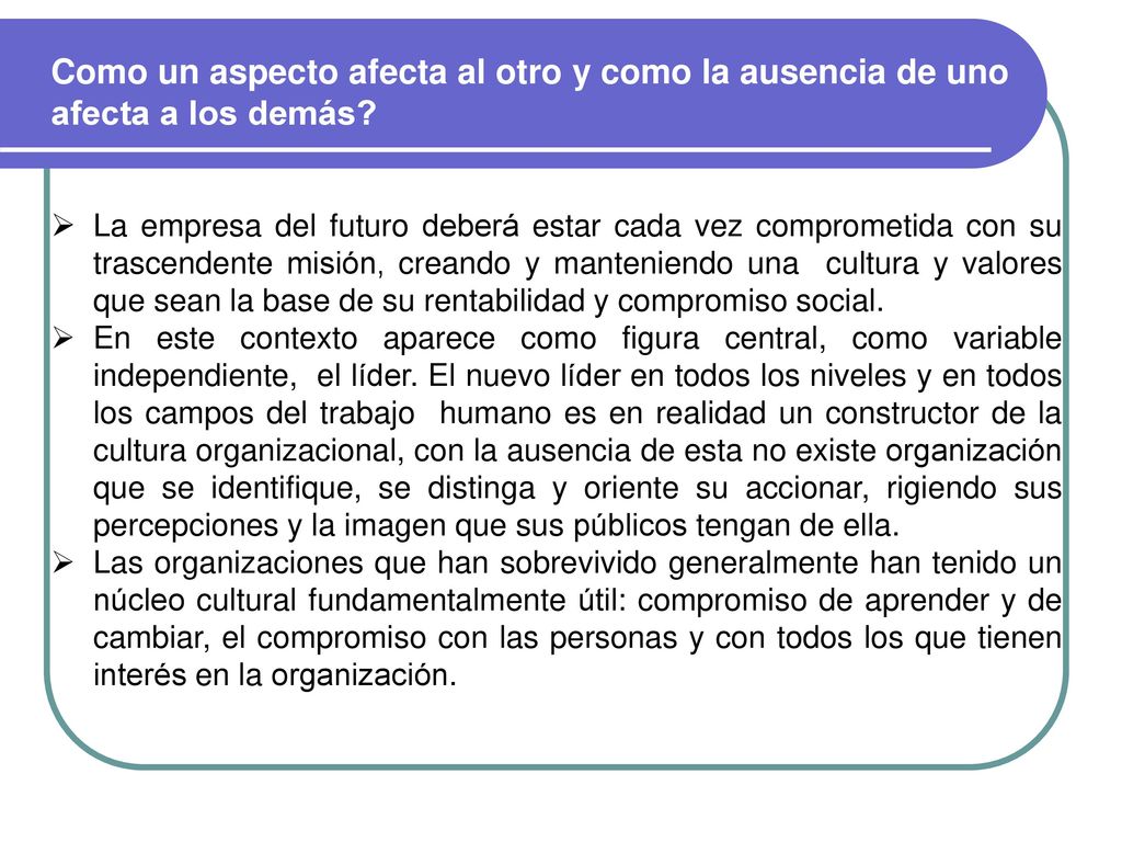 Como un aspecto afecta al otro y como la ausencia de uno