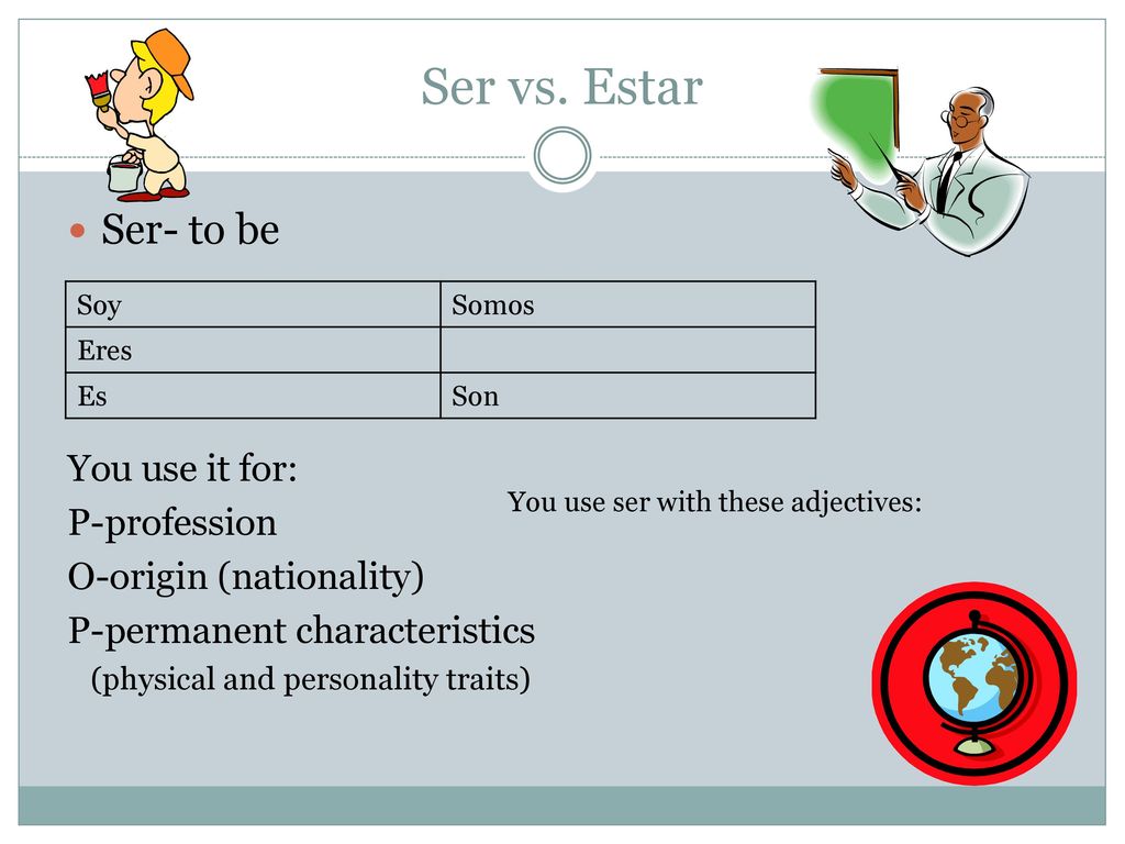 Ser vs. Estar Ser- to be You use it for: P-profession