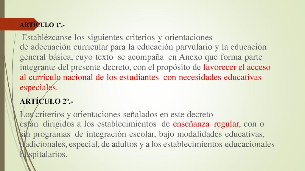 de adecuación curricular para la educación parvulario y la educación