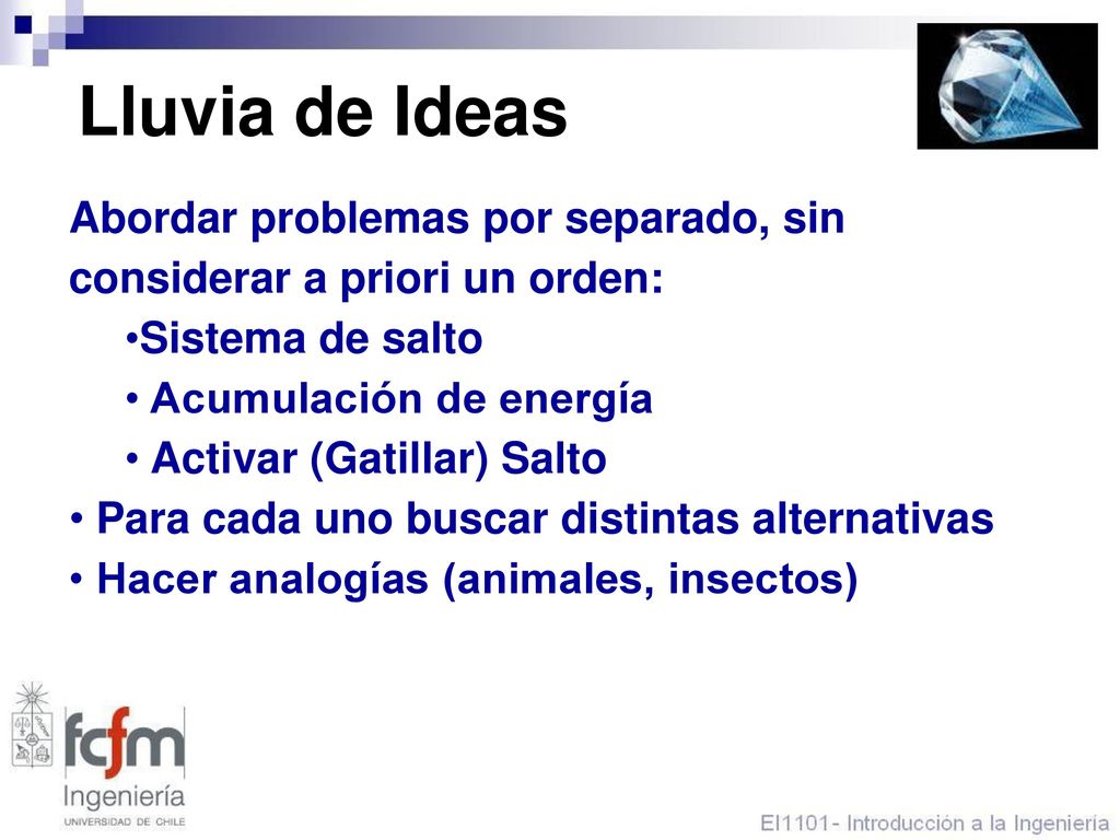 Lluvia de Ideas Abordar problemas por separado, sin considerar a priori un orden: Sistema de salto.