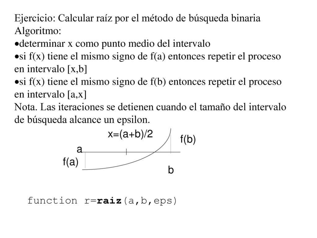 Ejercicio: Calcular raíz por el método de búsqueda binaria Algoritmo:
