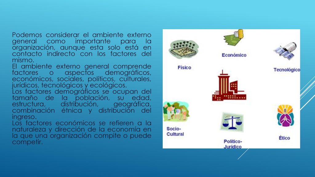 Podemos considerar el ambiente externo general como importante para la organización, aunque esta solo está en contacto indirecto con los factores del mismo.