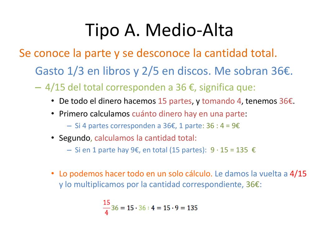 Tipo A. Medio-Alta Se conoce la parte y se desconoce la cantidad total. Gasto 1/3 en libros y 2/5 en discos. Me sobran 36€.