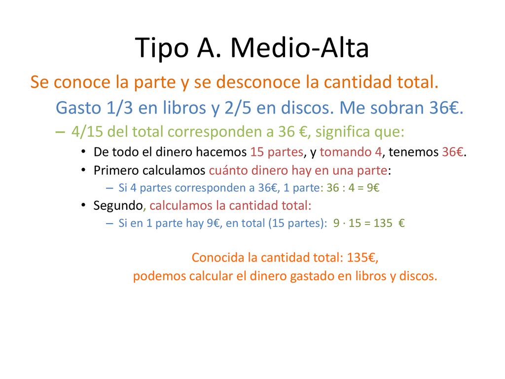 Tipo A. Medio-Alta Se conoce la parte y se desconoce la cantidad total. Gasto 1/3 en libros y 2/5 en discos. Me sobran 36€.