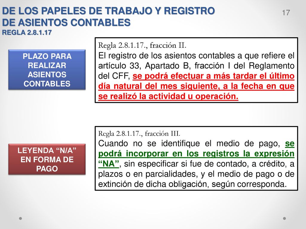 PLAZO PARA REALIZAR ASIENTOS CONTABLES LEYENDA N/A EN FORMA DE PAGO