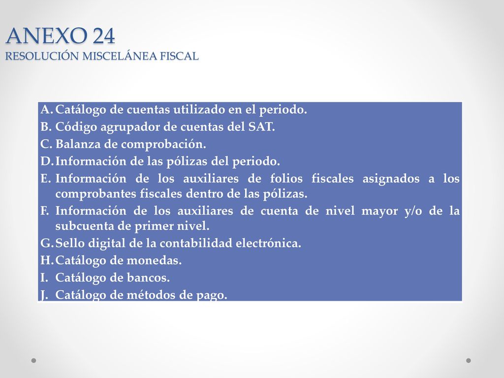 ANEXO 24 A. Catálogo de cuentas utilizado en el periodo.