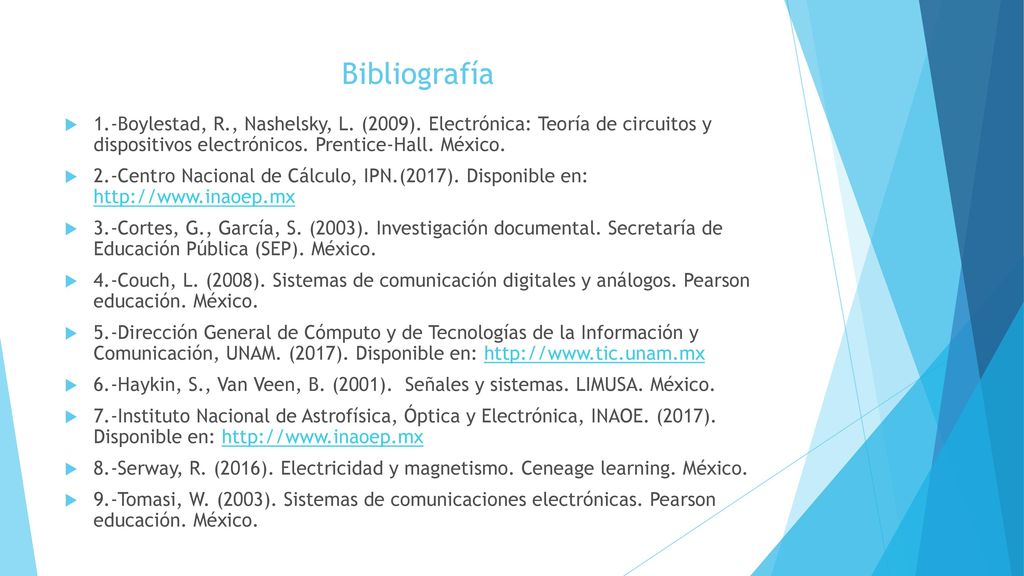 Bibliografía 1.-Boylestad, R., Nashelsky, L. (2009). Electrónica: Teoría de circuitos y dispositivos electrónicos. Prentice-Hall. México.