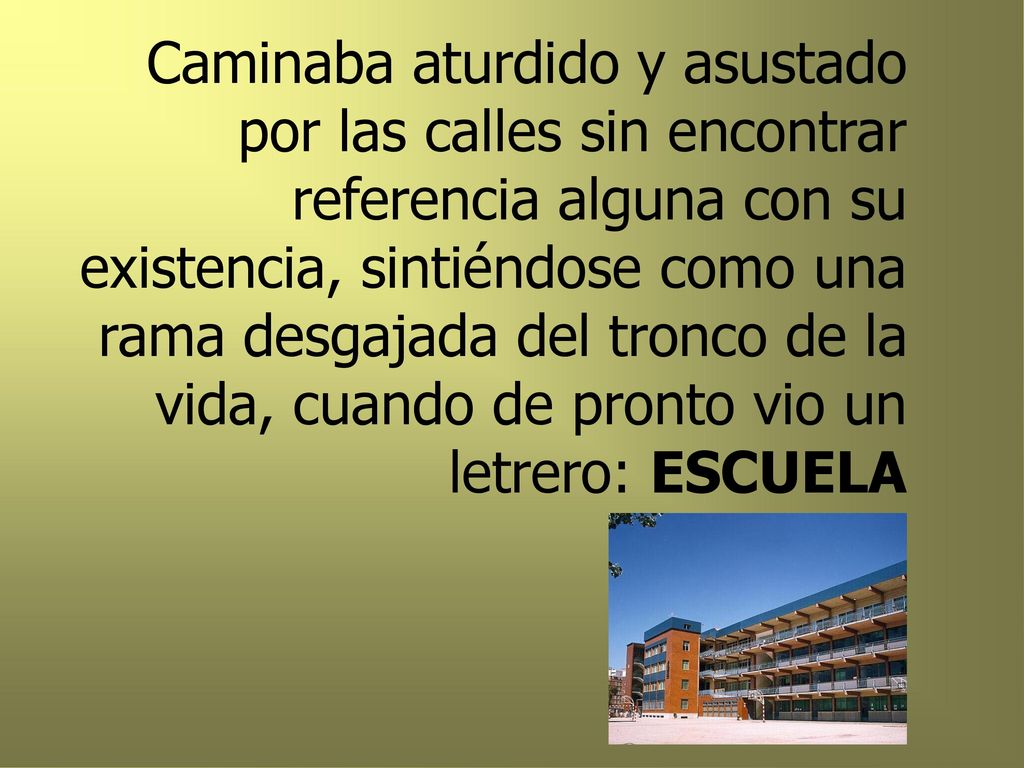 Caminaba aturdido y asustado por las calles sin encontrar referencia alguna con su existencia, sintiéndose como una rama desgajada del tronco de la vida, cuando de pronto vio un letrero: ESCUELA