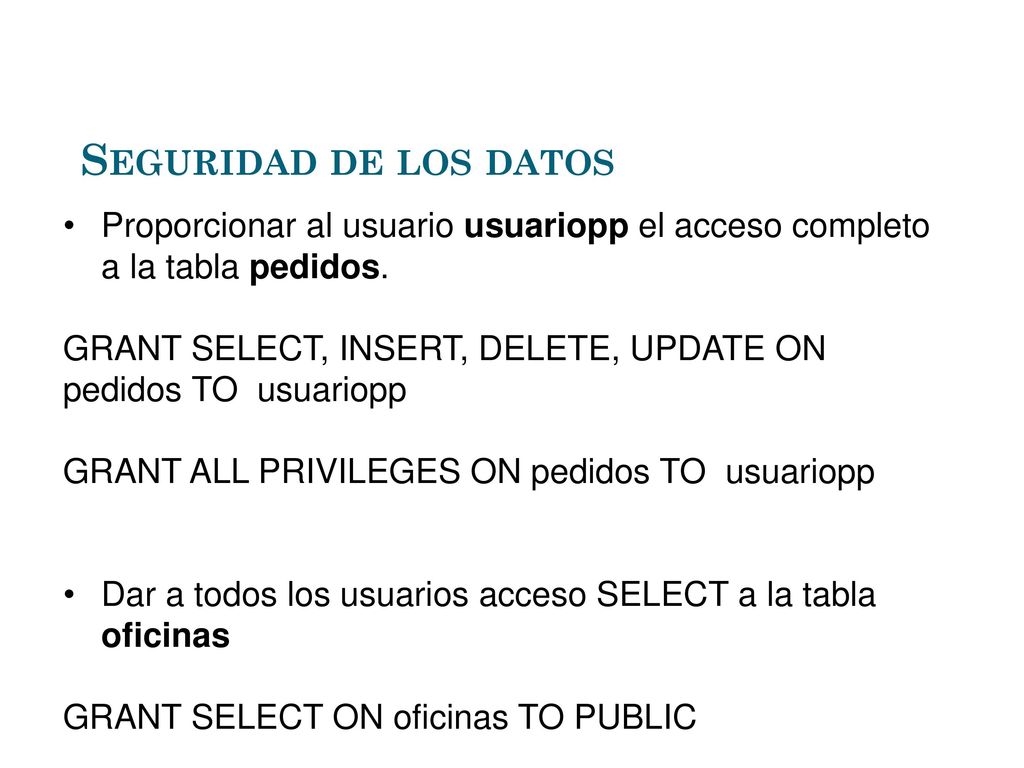 Seguridad de los datos Proporcionar al usuario usuariopp el acceso completo a la tabla pedidos.