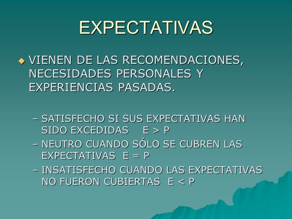 EXPECTATIVAS VIENEN DE LAS RECOMENDACIONES, NECESIDADES PERSONALES Y EXPERIENCIAS PASADAS.