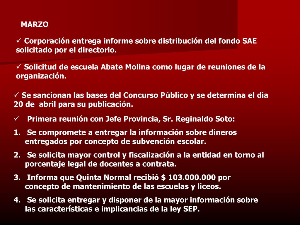MARZO Corporación entrega informe sobre distribución del fondo SAE solicitado por el directorio.