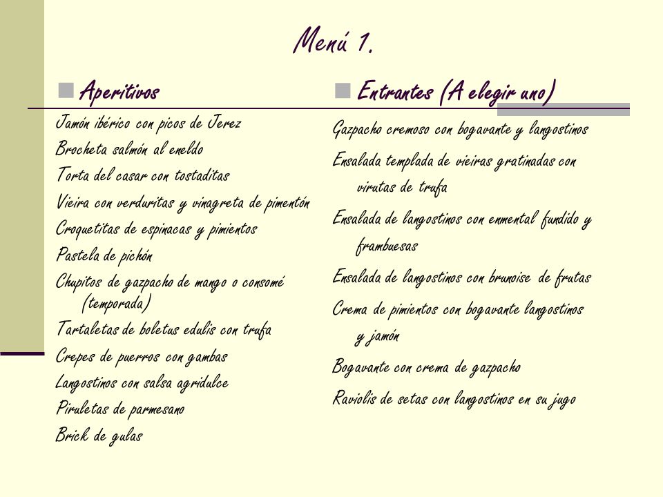Menú 1. Entrantes (A elegir uno) Aperitivos