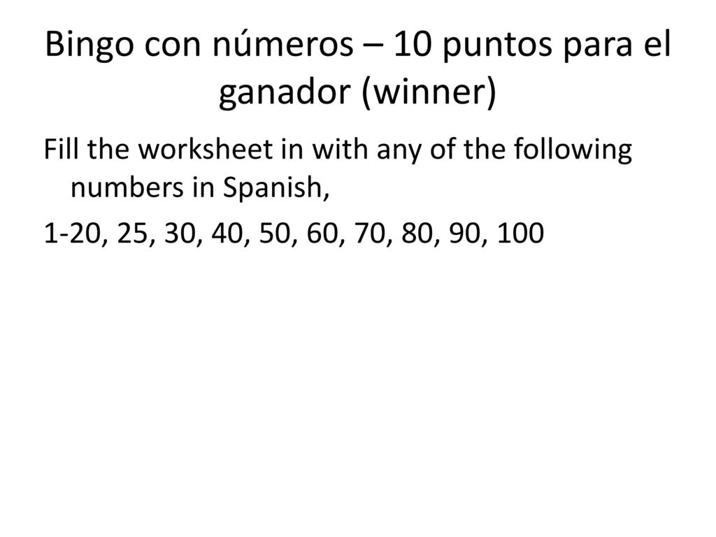 Bingo con números – 10 puntos para el ganador (winner)