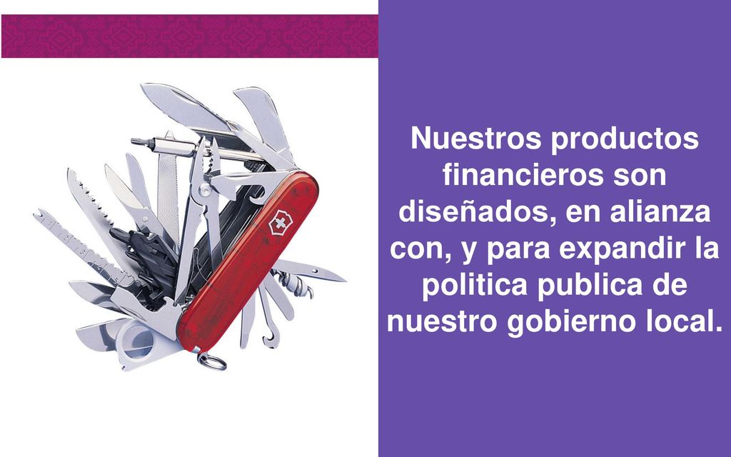 Nuestros productos financieros son diseñados, en alianza con, y para expandir la politica publica de nuestro gobierno local.