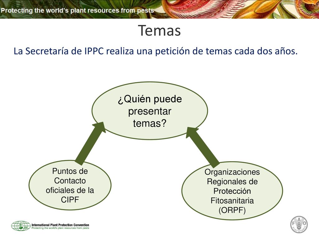 Temas La Secretaría de IPPC realiza una petición de temas cada dos años. ¿Quién puede presentar temas